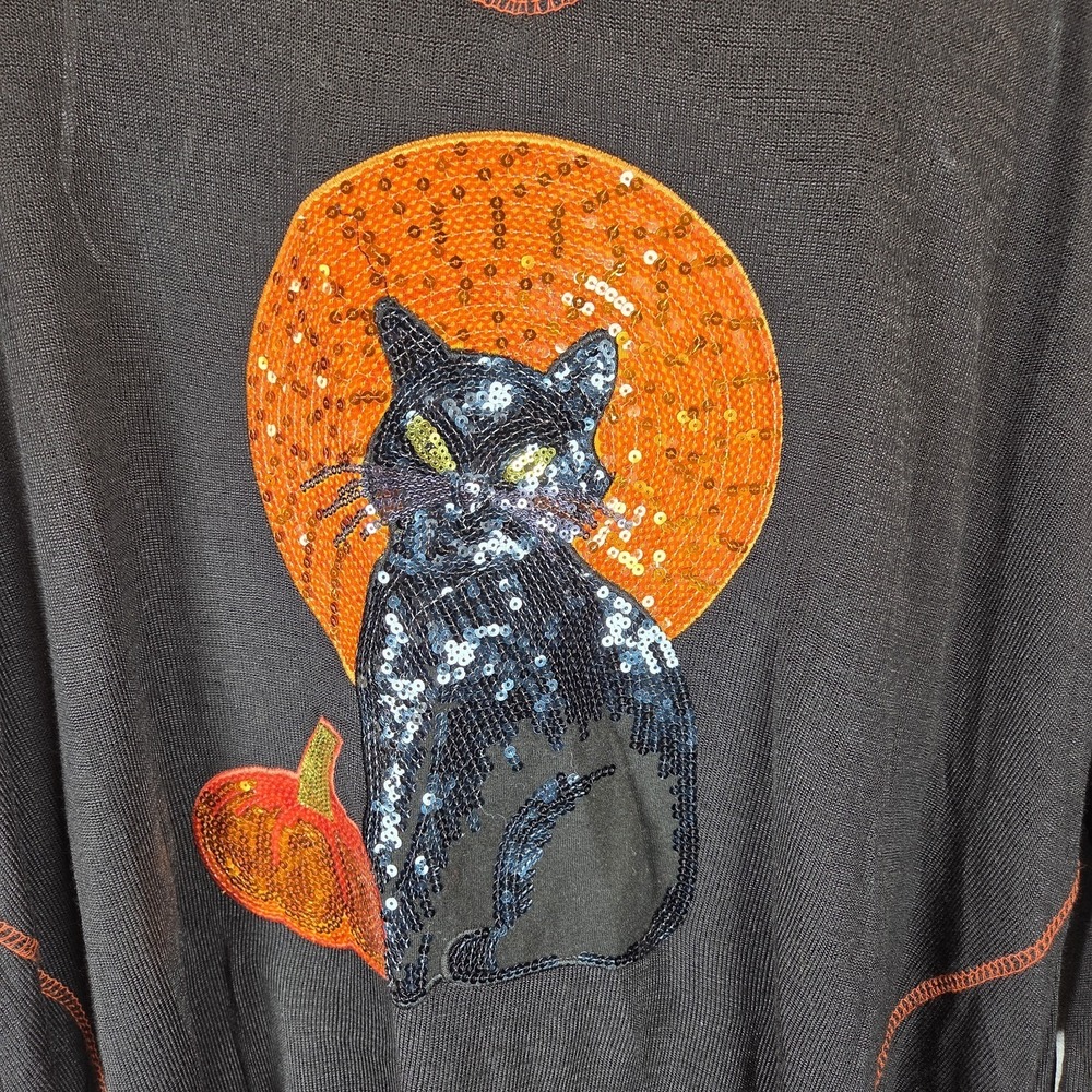 Onque Casuals Halloween Black Cat and Pumpkin Sequin Top Size 1X